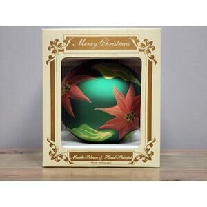 Mouth Blown Glass Christmas Ornament Hand Painted Poinsettia made in Poland 4"